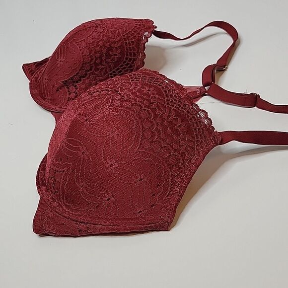 34DD AUDEN FRONT CLOSE LIGHTLY LINED RACERBACK MAROON / RED DEMI BRA - Picture 3 of 5
